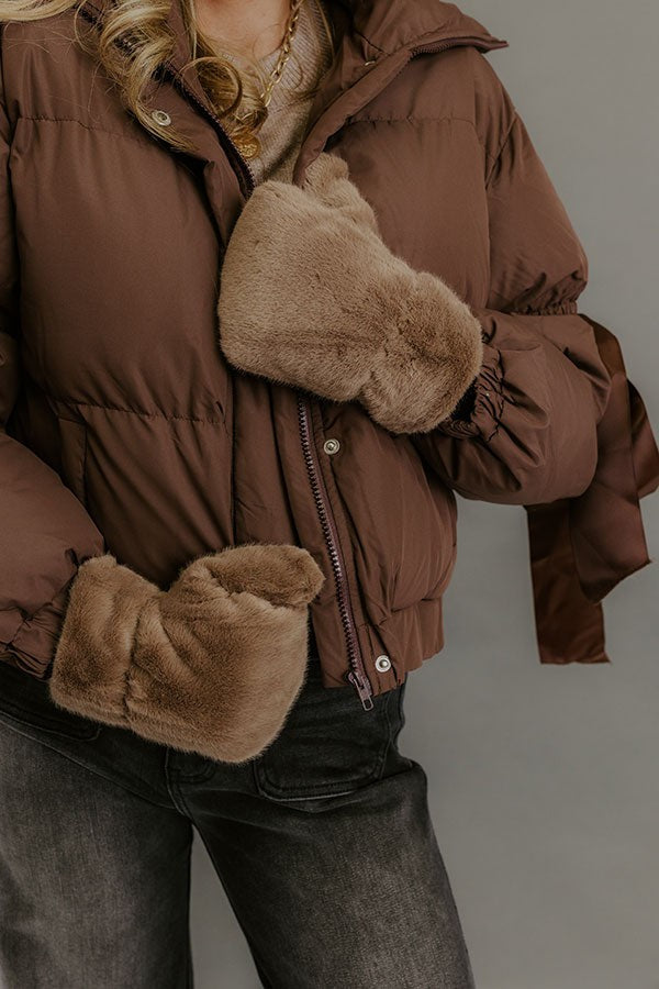 Soft Faux Fur Winter Mittens with Elastic Cuffs in Warm Taupe