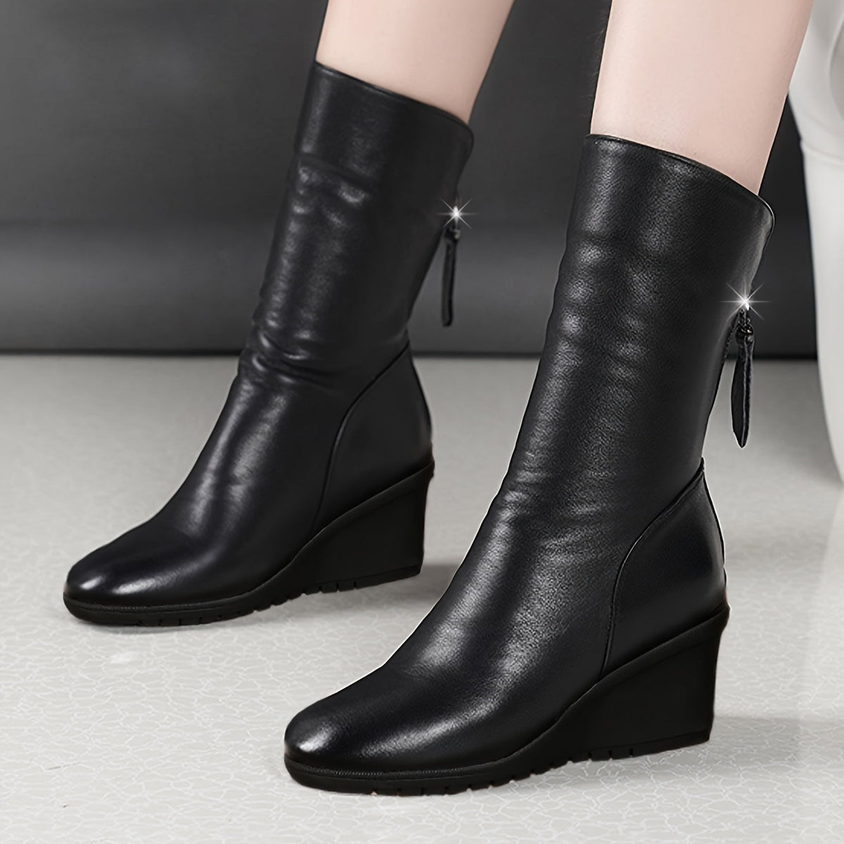 Mid Calf Wedge Boots with Side Zip Closure and Stable Walking Base