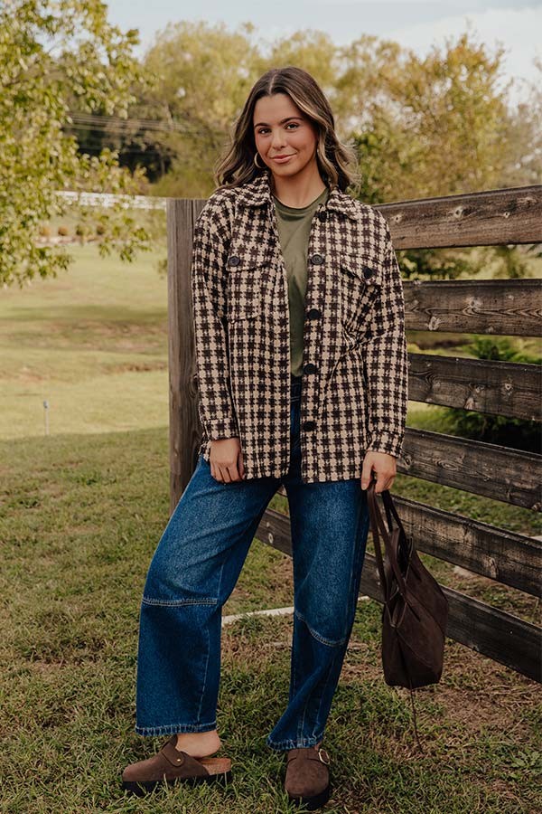 Checkered Button Front Crop Jacket with Collar and Long Sleeves