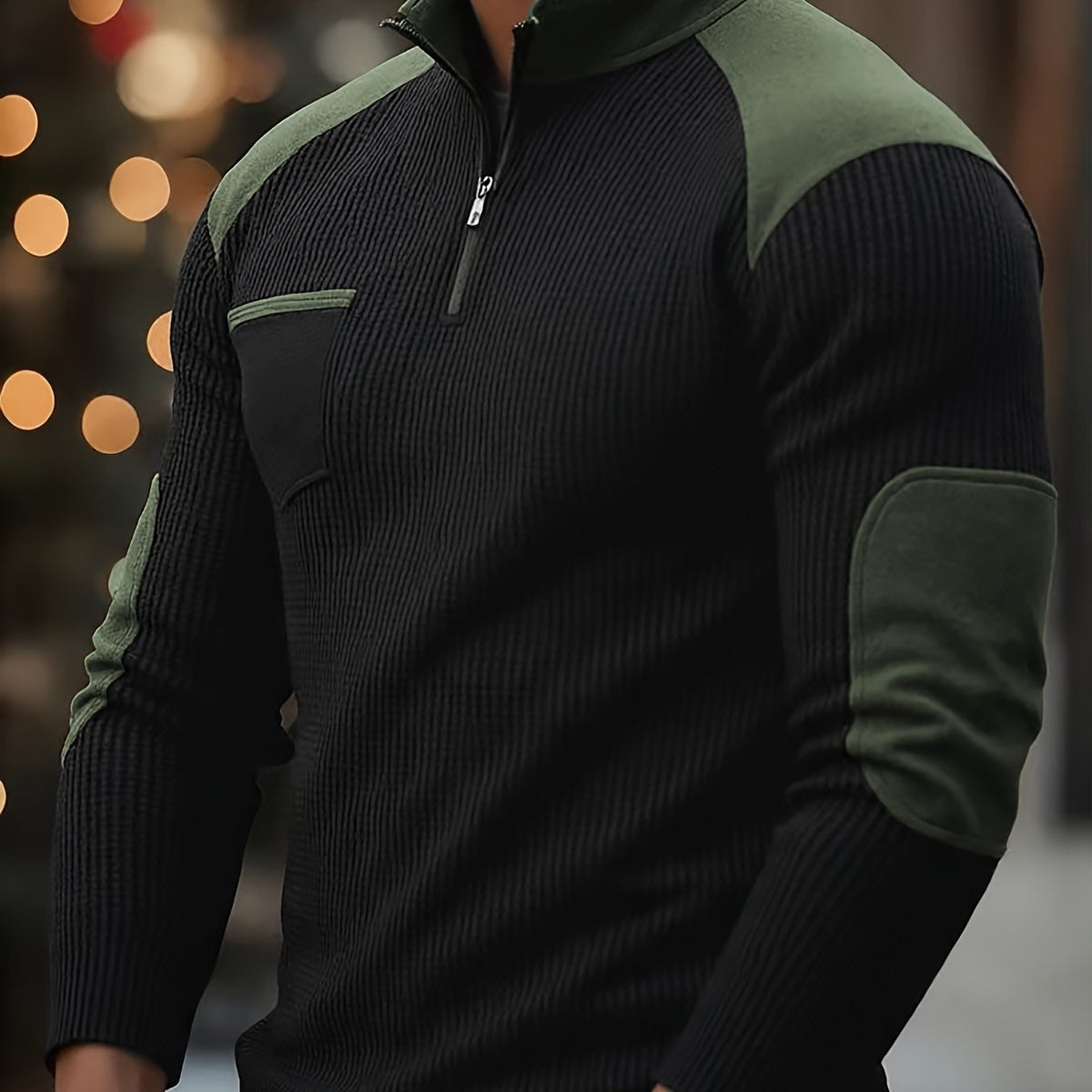Textured Color Block Quarter Zip Pullover with Stand Collar and Tailored Fit