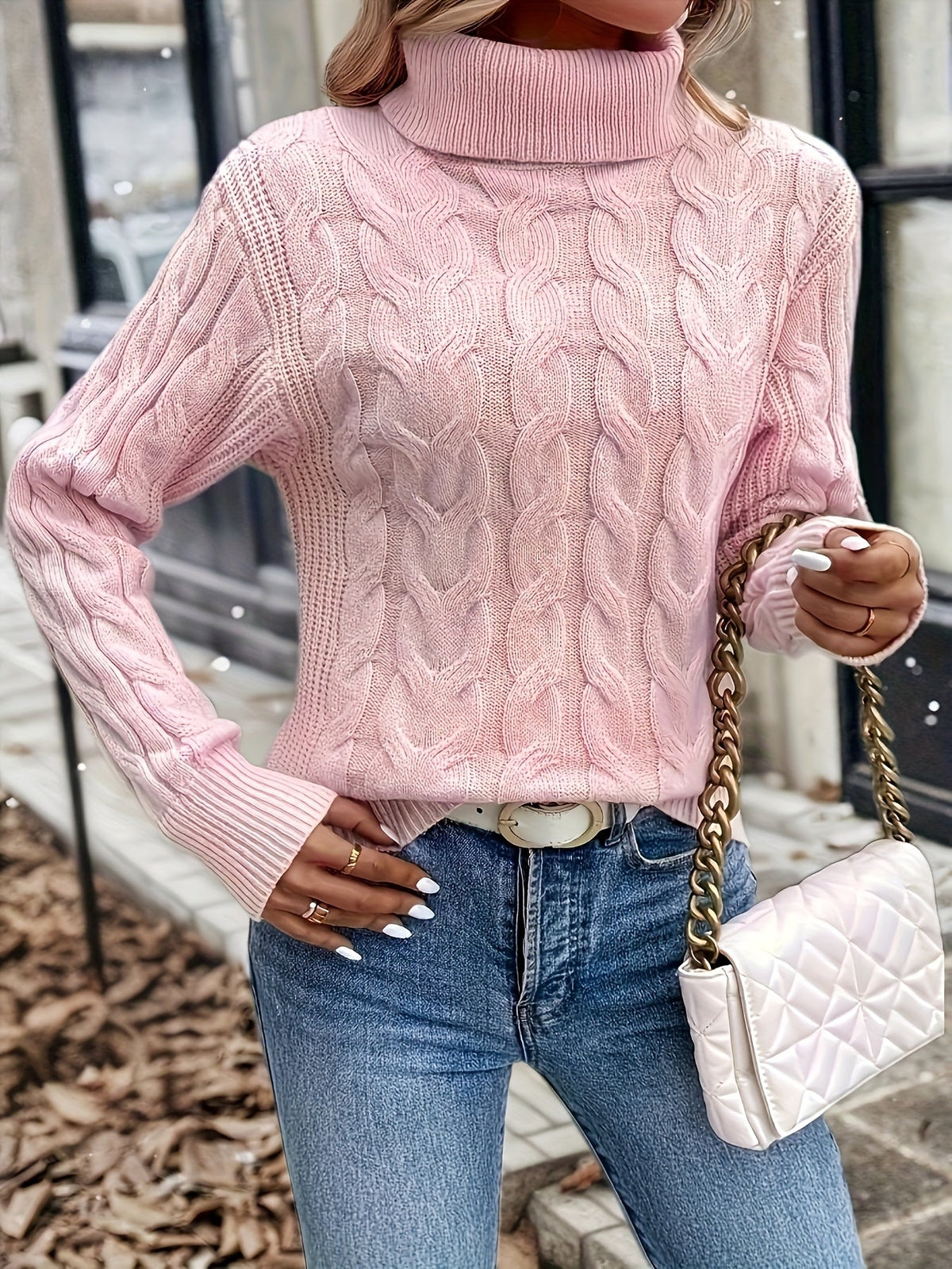 Cable Knit Turtleneck Sweater with Relaxed Fit and High Roll Neck