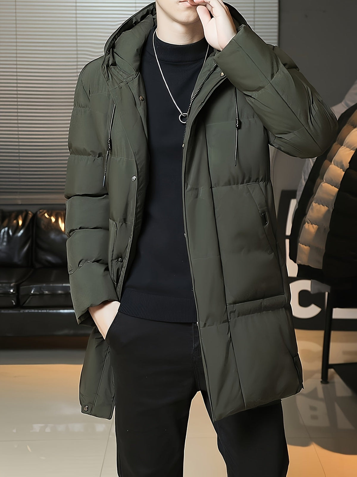 Insulated Longline Hooded Coat with Full-Length Zipper and Adjustable Hood