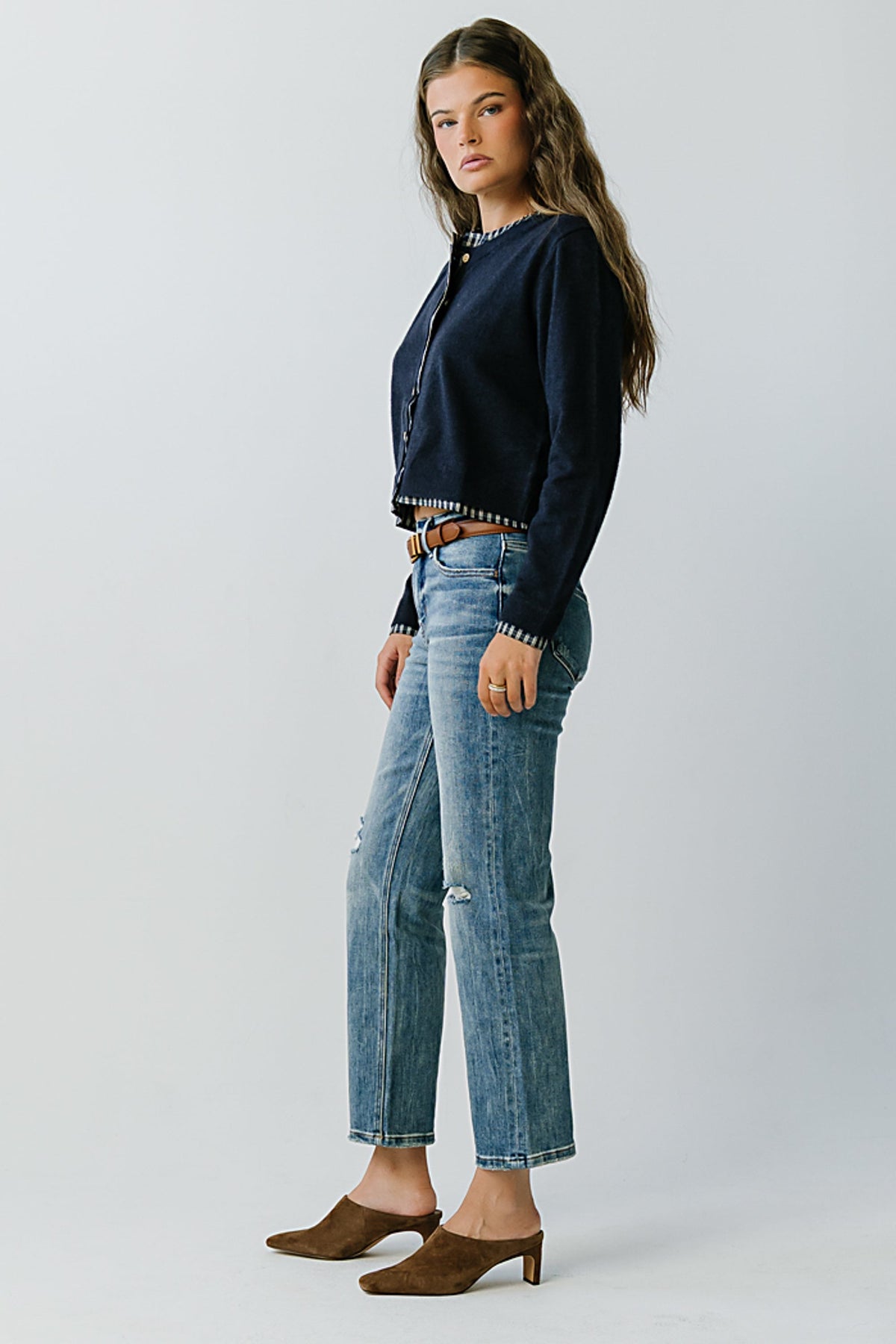 Long Sleeve Mixed Media Knit Top with Poplin Hem and Crew Neckline