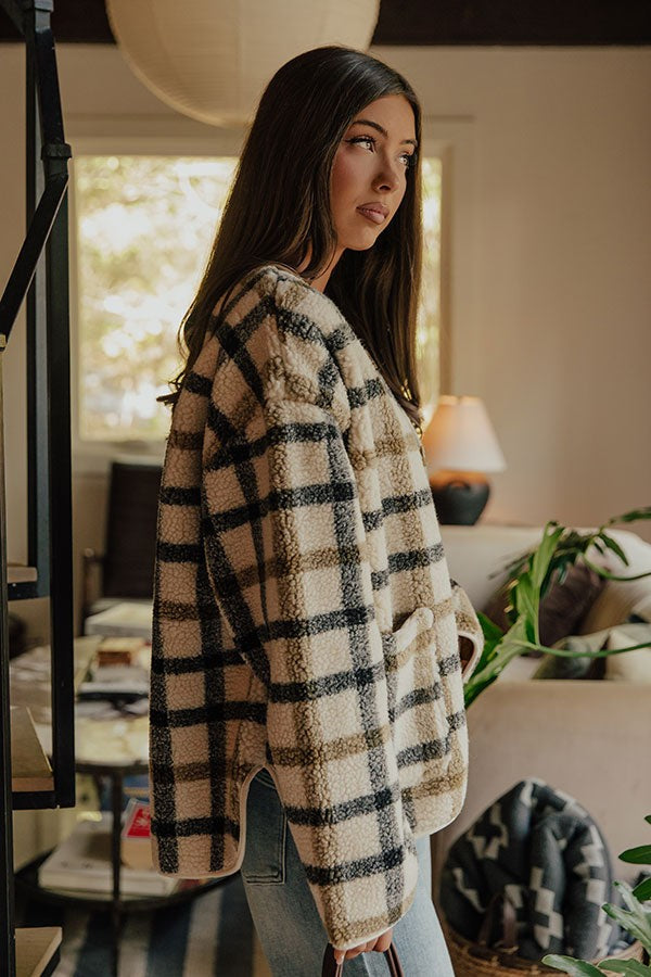 Plaid Sherpa Button Down Shirt Jacket with Chest Flap Pockets