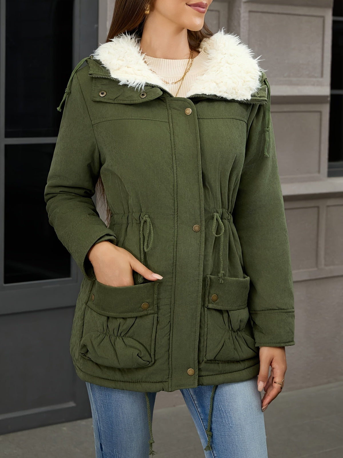 Mid Length Parka with Plush Lining and Adjustable Drawstring, Snap Button Closure