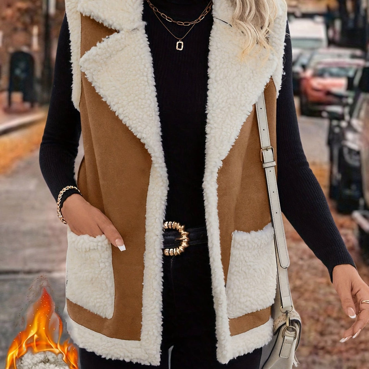 Sleeveless Vest with Lapel Collar and Plush Lining