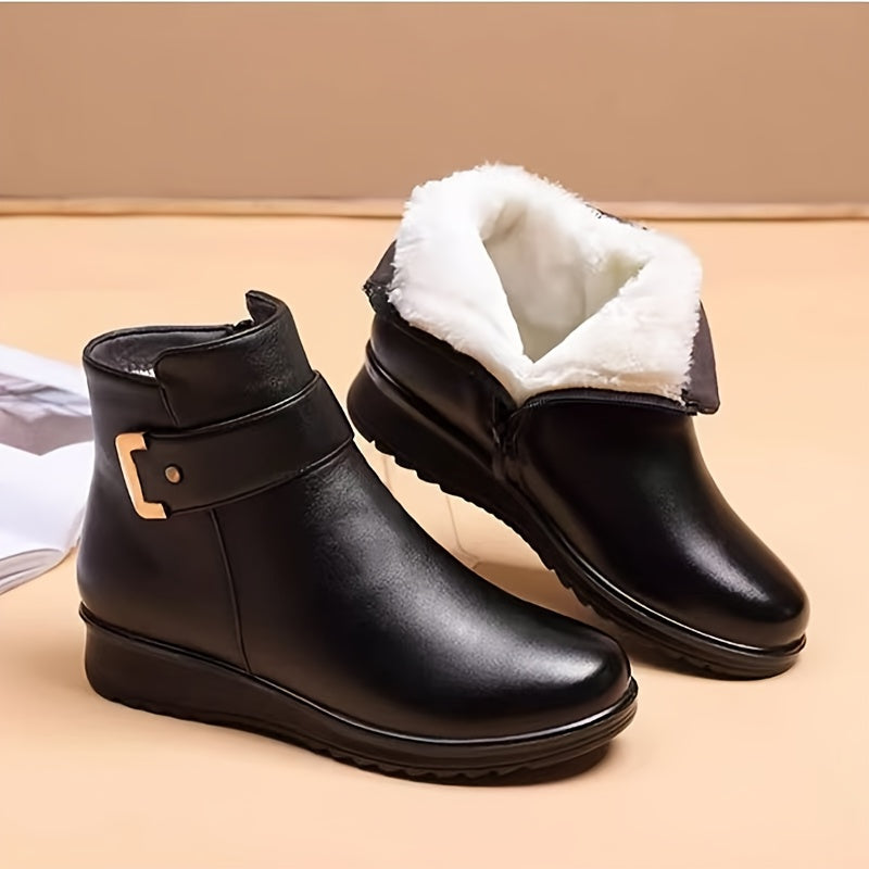 Lined Ankle Boots with Side Closure and Buckle Accent