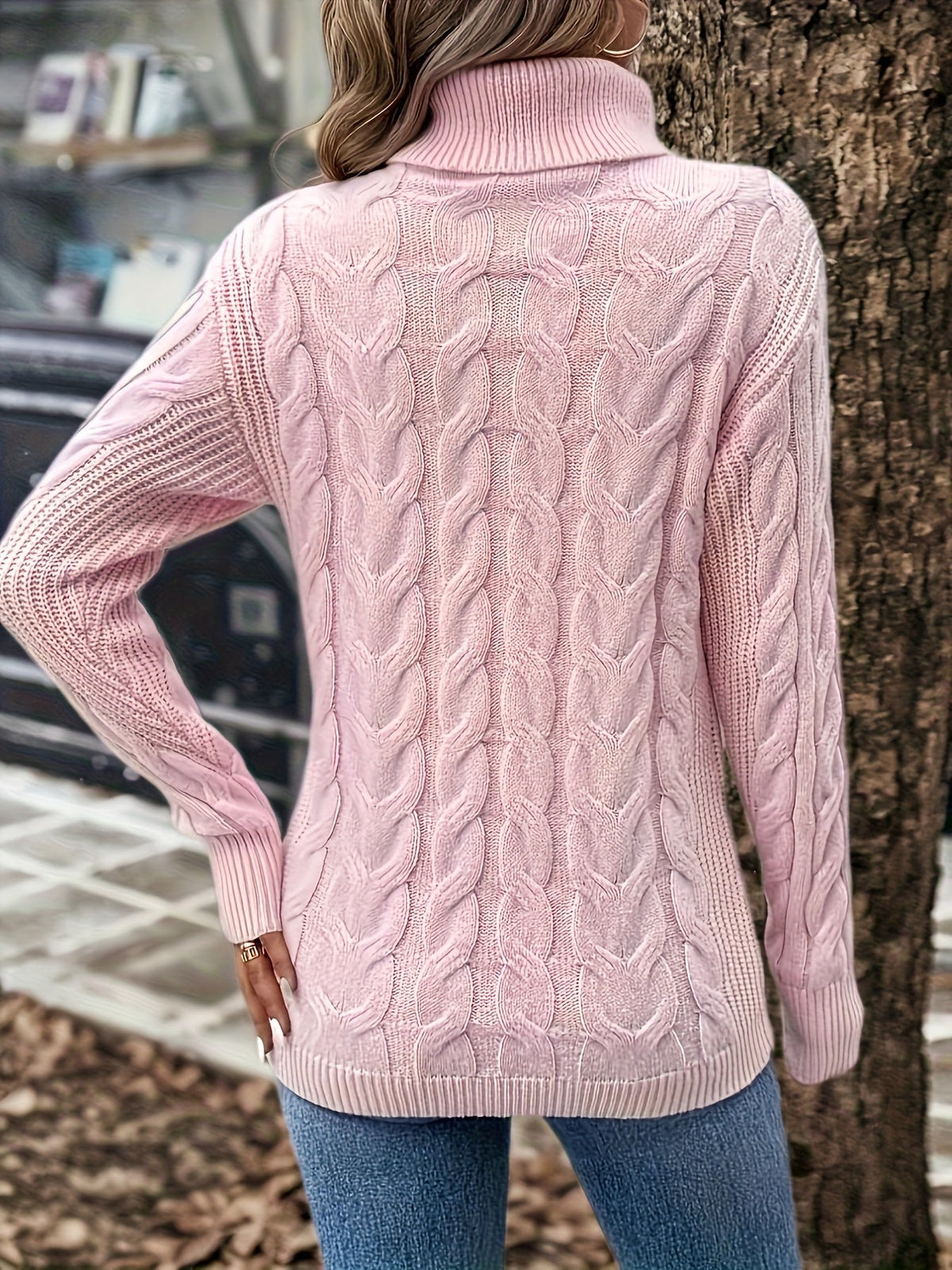 Cable Knit Turtleneck Sweater with Relaxed Fit and High Roll Neck