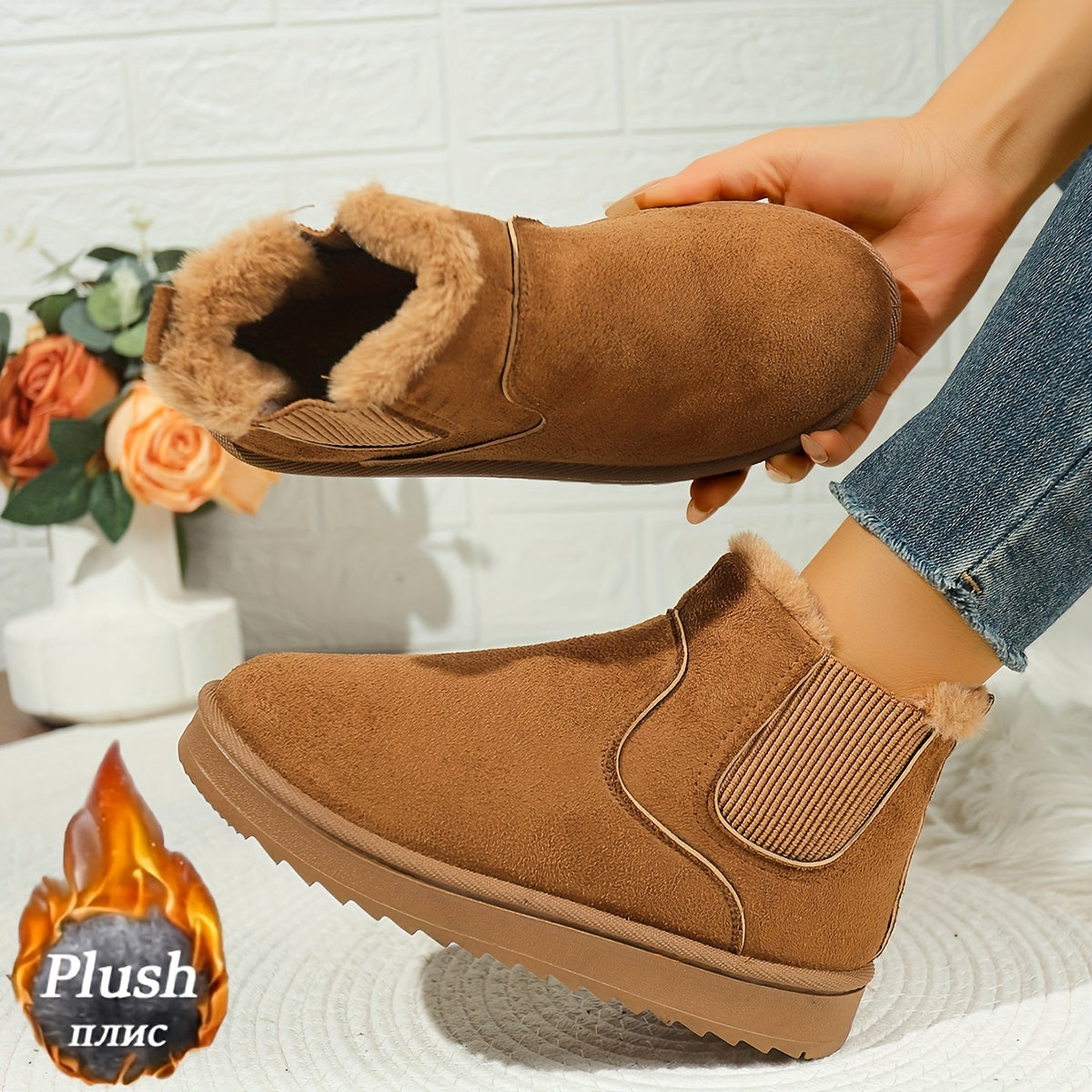 Platform Ankle Boots with Elastic Side Panels and Plush Lining, Textured Grip Sole