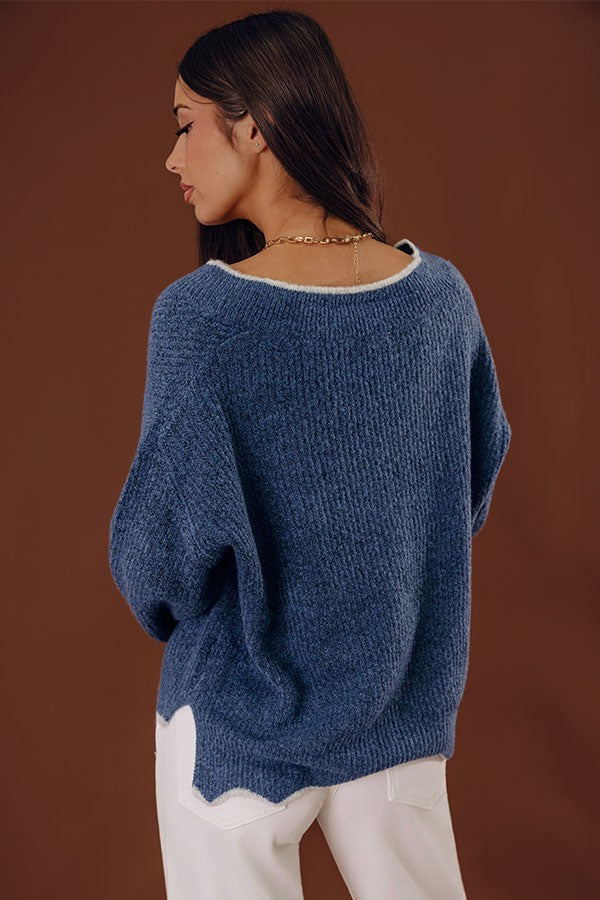 Long Sleeve Knit Pullover Sweater with Ribbed Trim in Navy Blue
