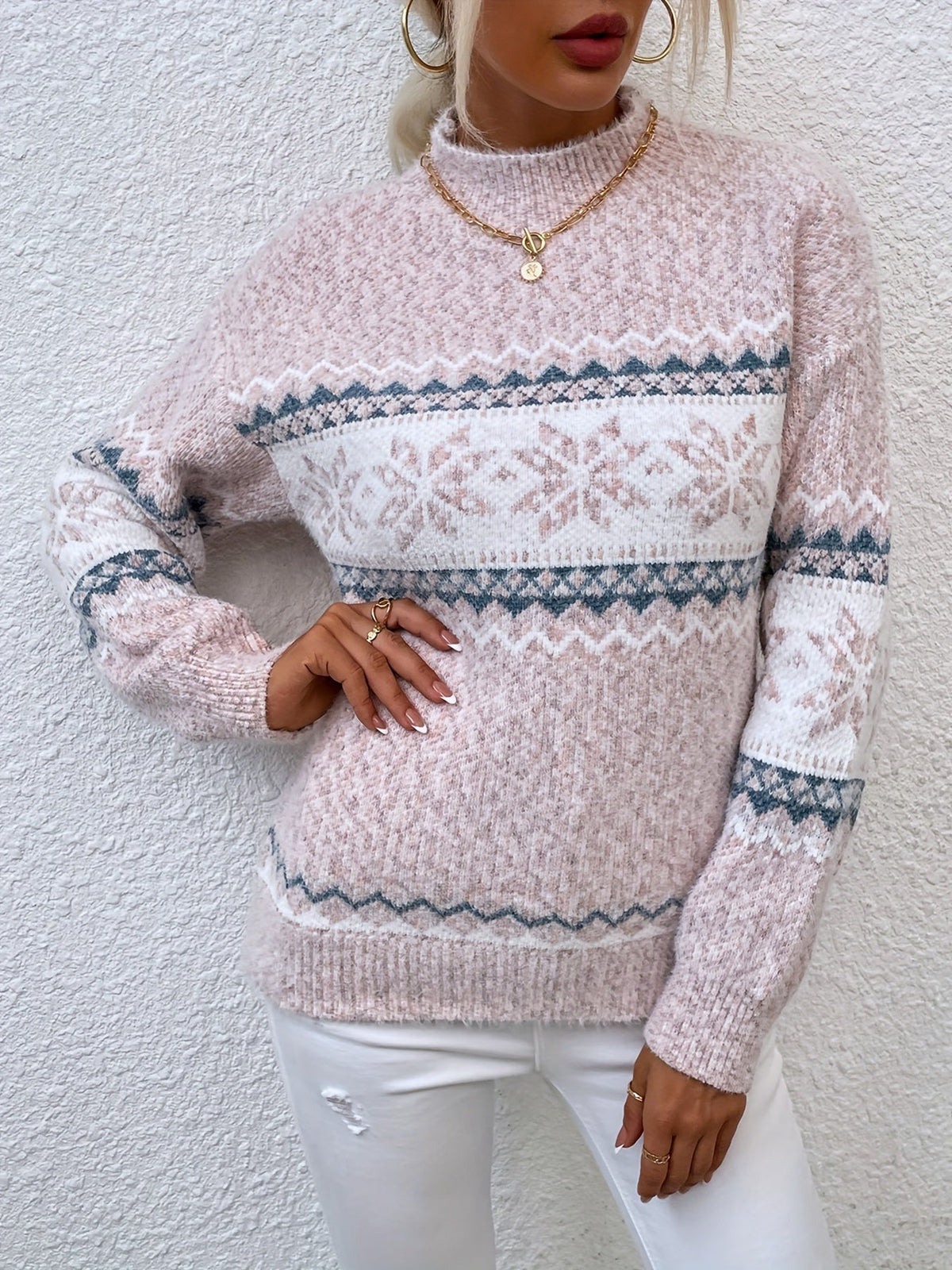 Mock Neck Sweater with Snowflake Knit Pattern and Relaxed Fit