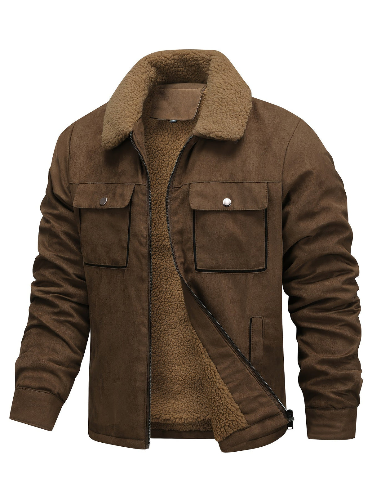 Winter Jacket with Plush Fleece Lining and Full Length Zipper, Structured Collar