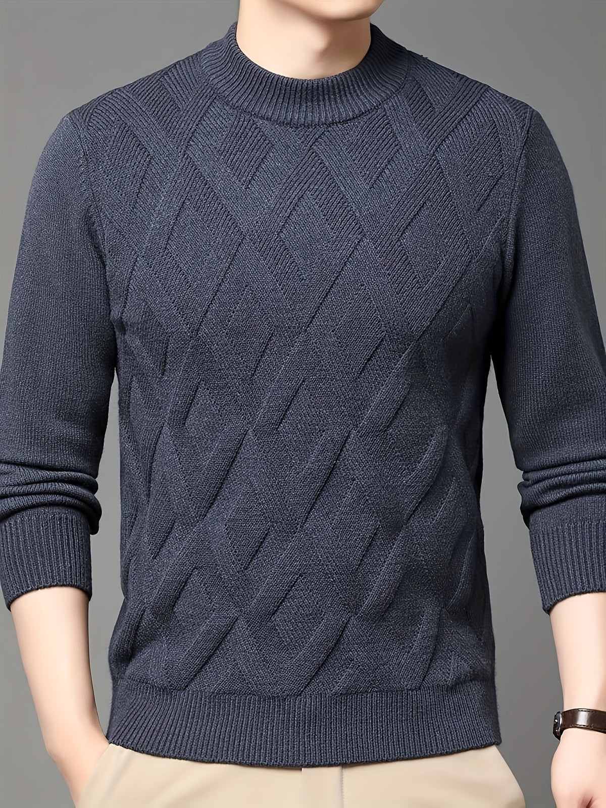 Mock Neck Sweater with Diagonal Knit Texture and Ribbed Collar