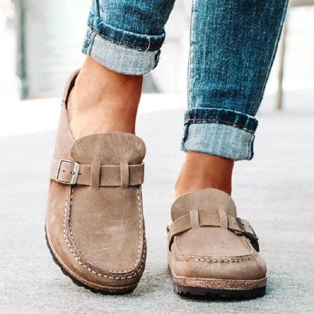 Womens Slip On Loafers with Metal Buckle Accent and Low Block Heel