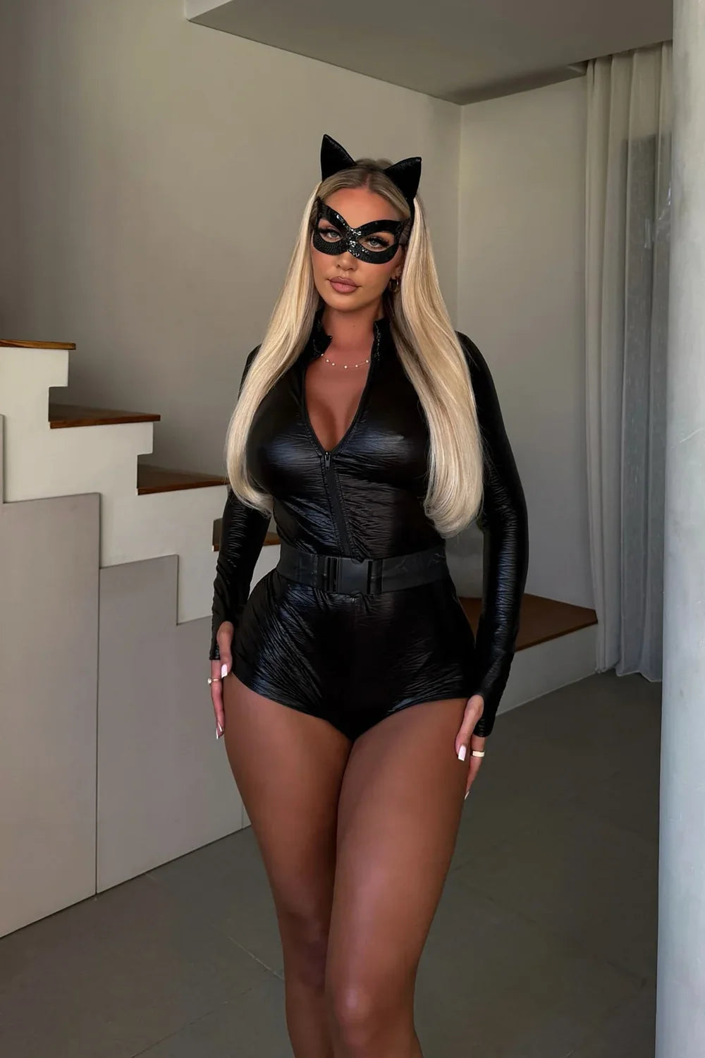 Black Cat Costume Set with Bodysuit and Ear Headband, Mask Included