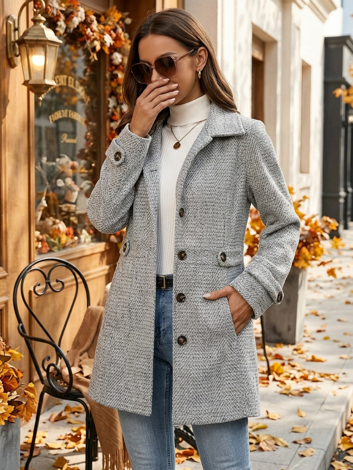 Women's Coat with Waist-Defining Buttons and Structured Collar, Mid Thigh Length