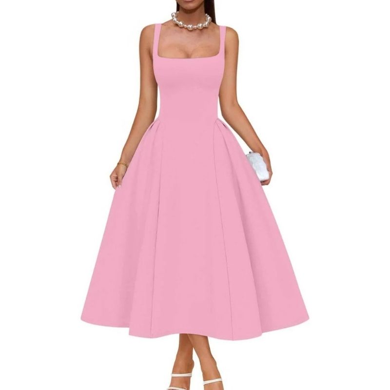 Womens Square Neck A Line Midi Dress, Elegant Wedding Guest and Evening Party Dress