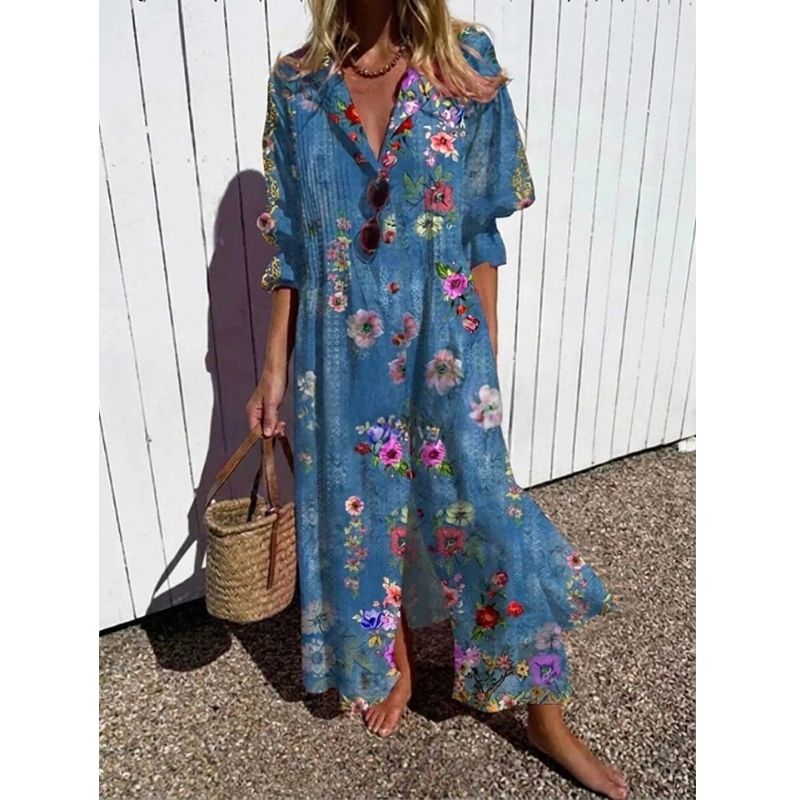 Womens Cotton Maxi Dress, Floral Casual Summer Beach Vacation Dress