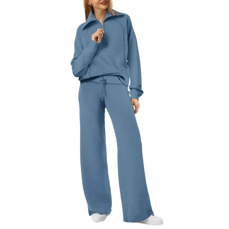 Womens 2 Piece Outfits, Casual Lapel Half Zip Sweatshirt and Wide Leg Pants Tracksuit Set