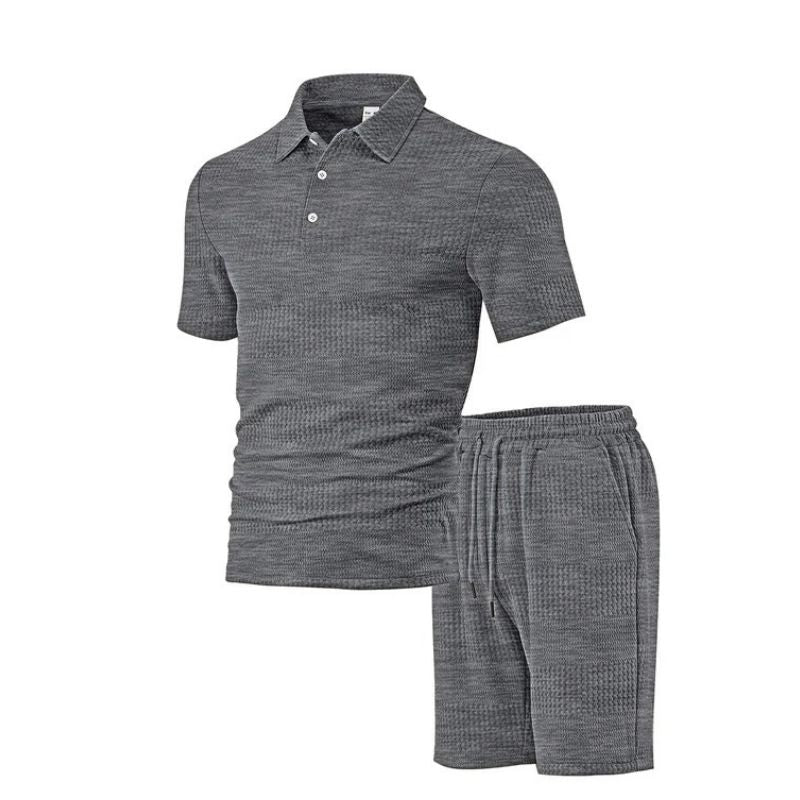 Mens Knitted Polo and Shorts Set, Vintage Casual Two Piece Outfits, Short Sleeve Textured Tracksuit