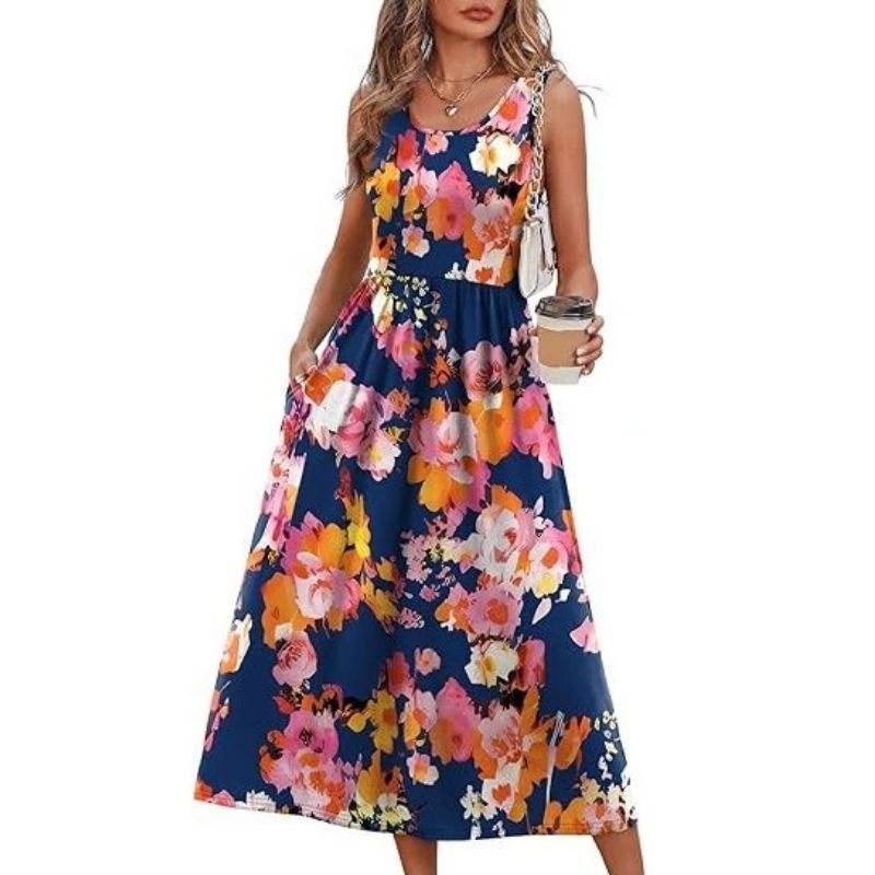 Womens Flowy Midi Dress, Casual Beach Vacation Sundress with Pockets