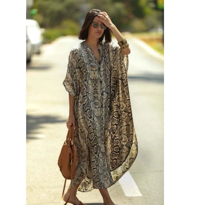Moomoo Dresses for Women, Plus Size Ethnic Print Kaftan Dress, Mrs Roper Bubu Mumu Boho V Neck 3 Quarter Sleeve Tunic