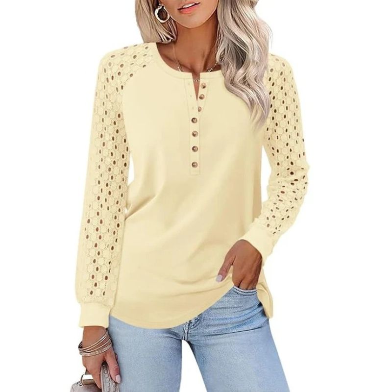 Womens Lace Long Sleeve Henley Top - Casual Fall Blouse