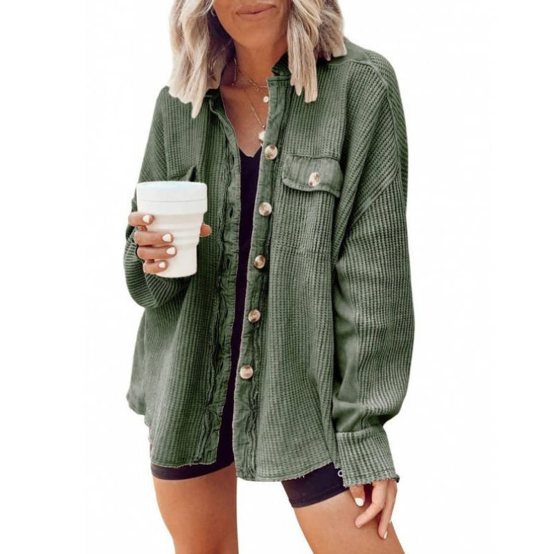 Oversized Waffle Knit Shirt Women Fall Shacket, Corduroy Long Sleeve Button Down Shirt Jacket