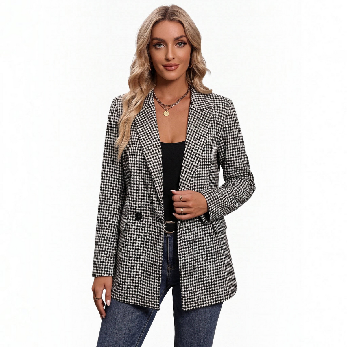 Womens Plaid Houndstooth Blazer, Business Casual Fall Jacket