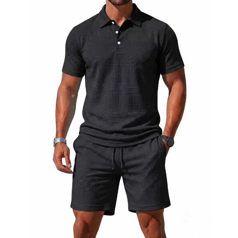 Mens Knitted Polo and Shorts Set, Vintage Casual Two Piece Outfits, Short Sleeve Textured Tracksuit