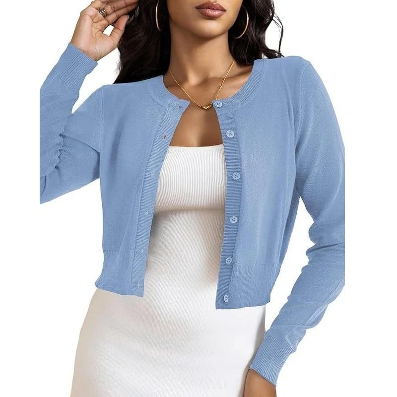 Cropped Cardigan Bolero Shrug for Women, Button Down Long Sleeve Knit Sweater for Dresses and Jeans