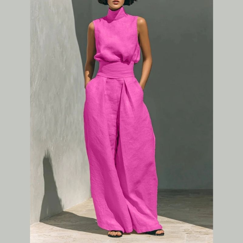 Womens Minimalist Linen Two Piece Set, Elegant Mock Neck Sleeveless Top and Wide Leg Pants Outfit, Vintage Casual Matching Suit