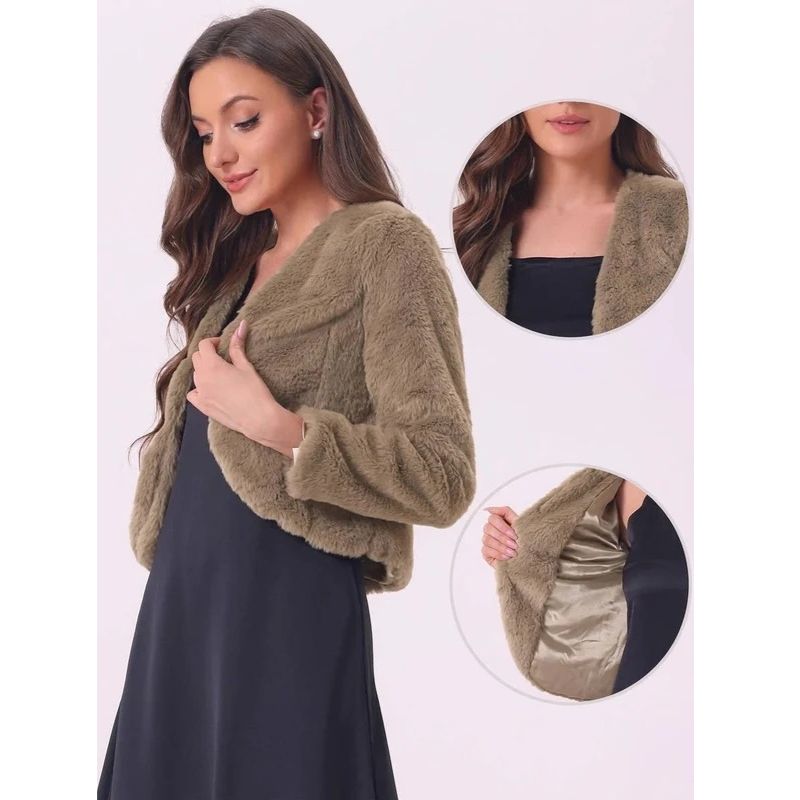 Womens Cropped Faux Fur Jacket, Long Sleeve Wedding Bolero Coat