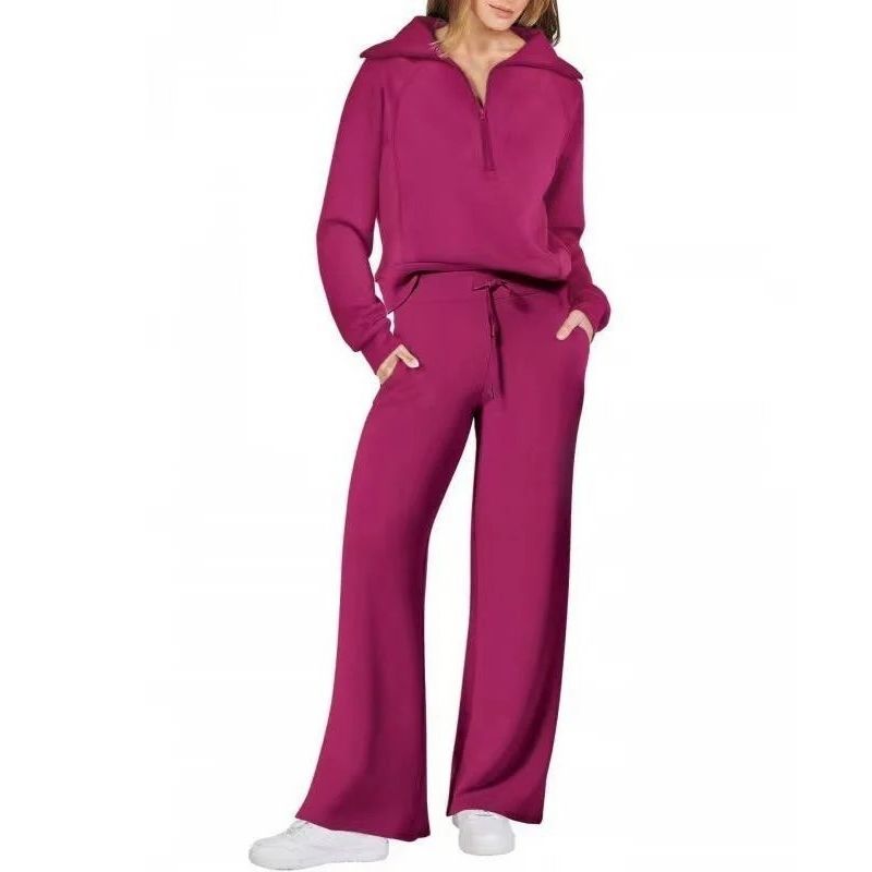 Womens 2 Piece Outfits, Casual Lapel Half Zip Sweatshirt and Wide Leg Pants Tracksuit Set
