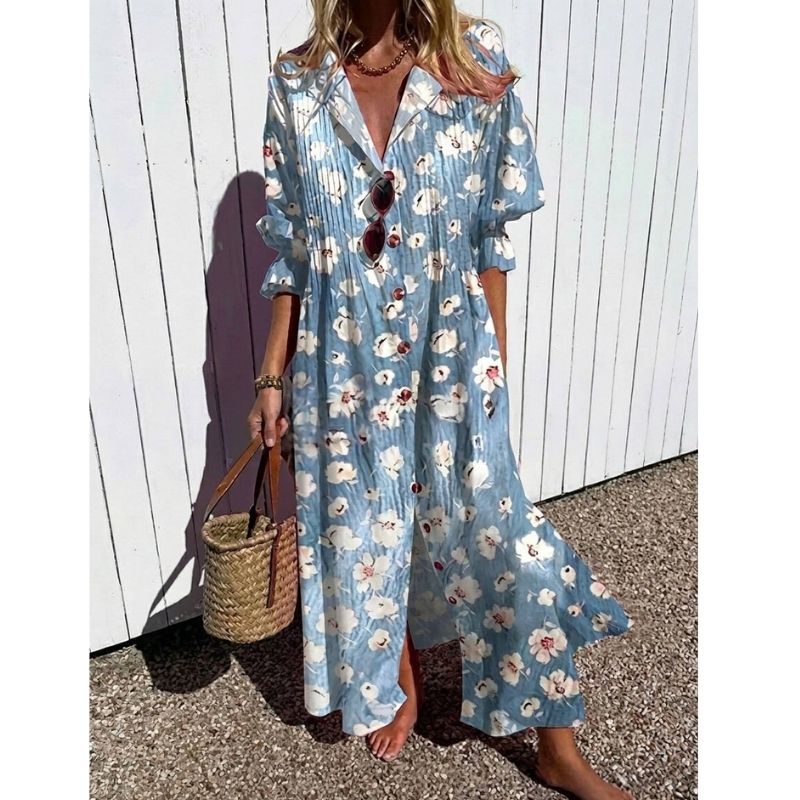 Womens Cotton Maxi Dress, Floral Casual Summer Beach Vacation Dress