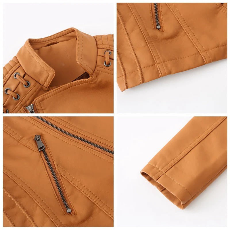 Classic Lambskin Leather Jacket for Women with Full Zip Closure and Pockets