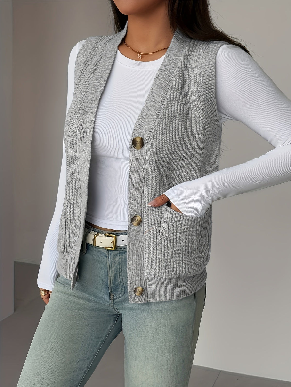 Buttoned V-Neck Knit Vest with Front Pockets and Relaxed Fit