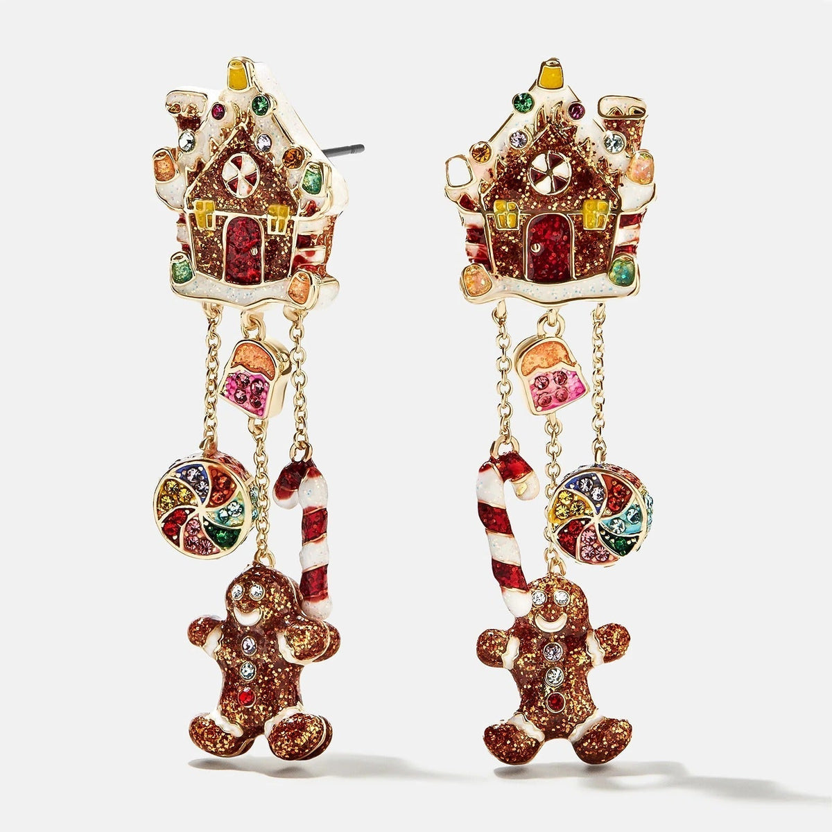 Gingerbread House Drop Earrings with Three-Part Hanging Design and Candy Accent