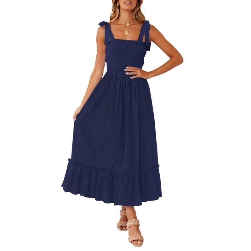 Womens Boho Maxi Dress, Square Neck Spaghetti Strap Ruffle a Line Beach Dress
