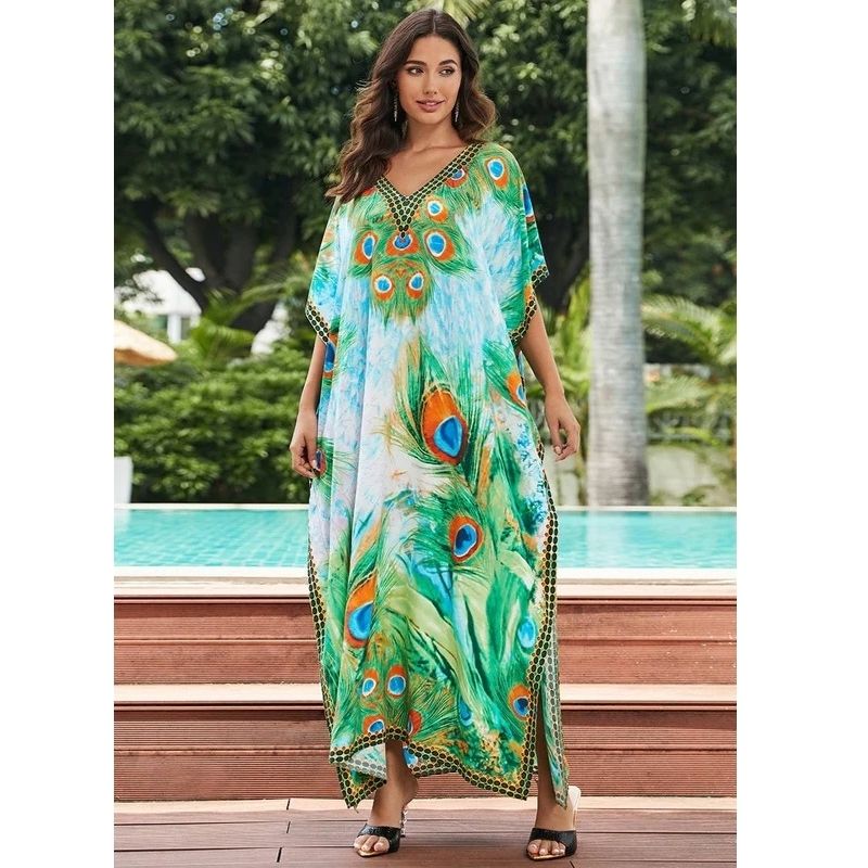 Moomoo Dresses for Women, Plus Size Loose Fit Moroccan Print V Neck Batwing Kaftan Beach Dress