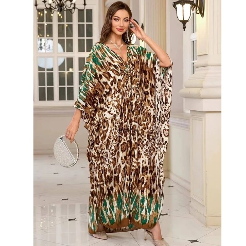 Moomoo Dresses for Women, Plus Size V Neck Batwing Sleeve Floral Kaftan Beach Cover Up Dress
