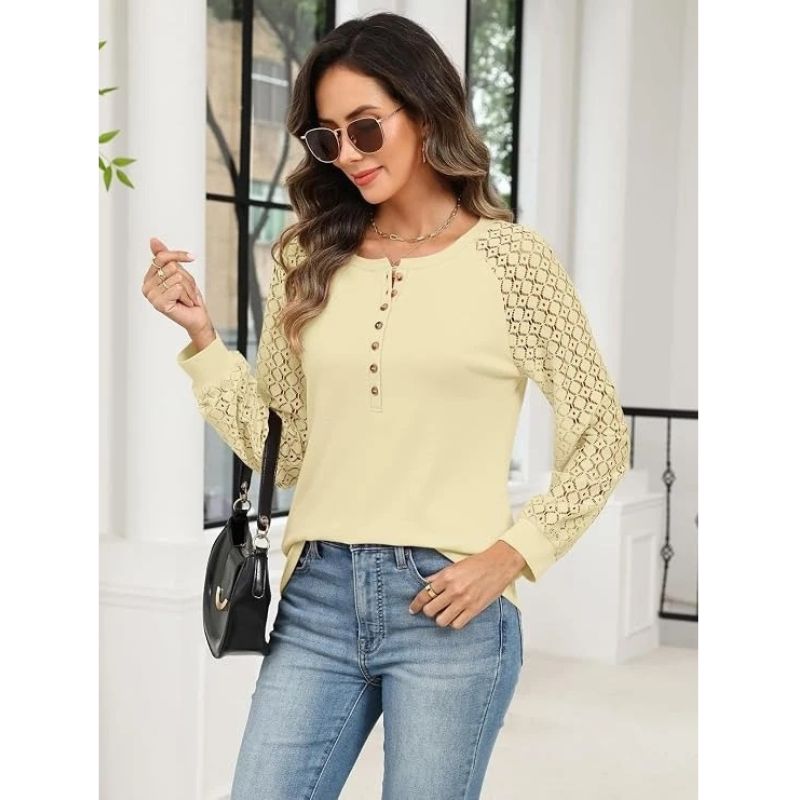 Womens Lace Long Sleeve Henley Top - Casual Fall Blouse