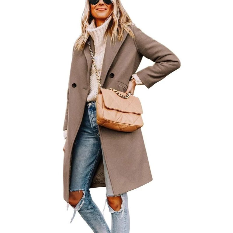 Womens Wool Peacoat, Double Breasted Coat with Notch Lapel