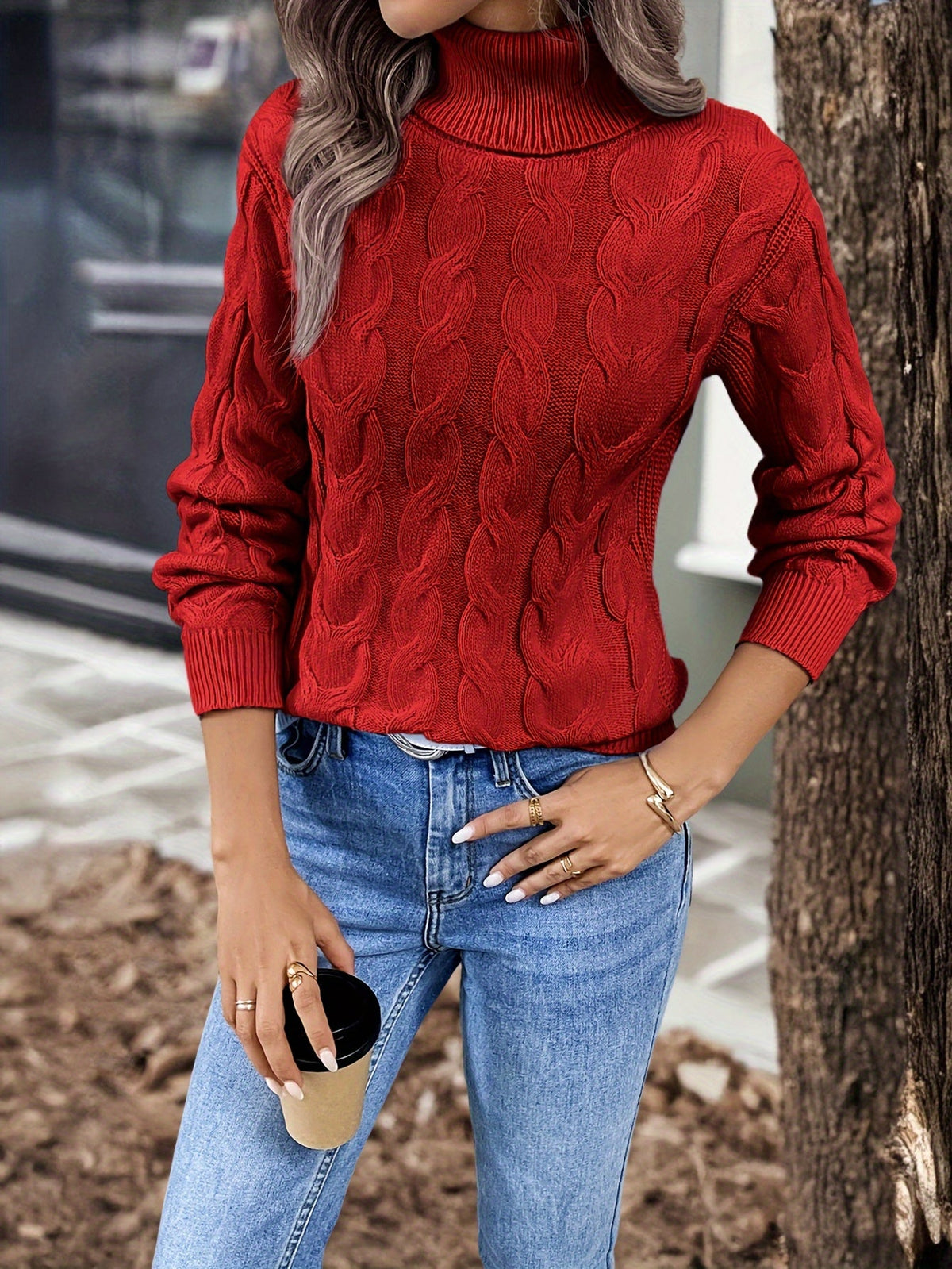 Cable Knit Turtleneck Sweater with Relaxed Fit and High Roll Neck