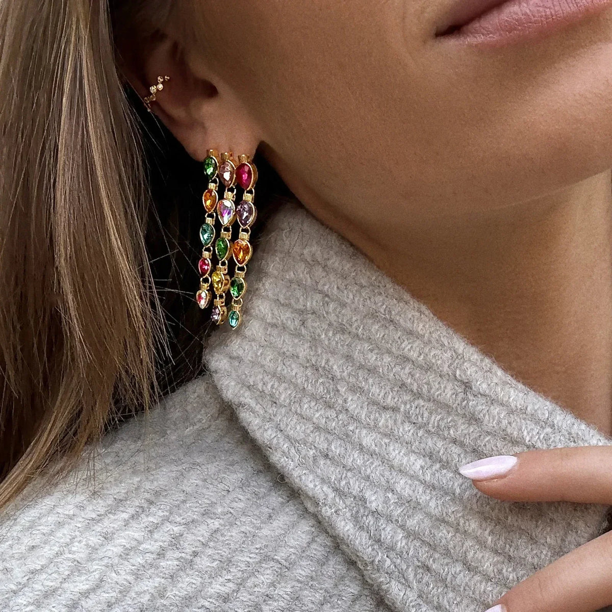 Crystal Drop Earrings with Multicolored Chandelier Design and Hook Closure