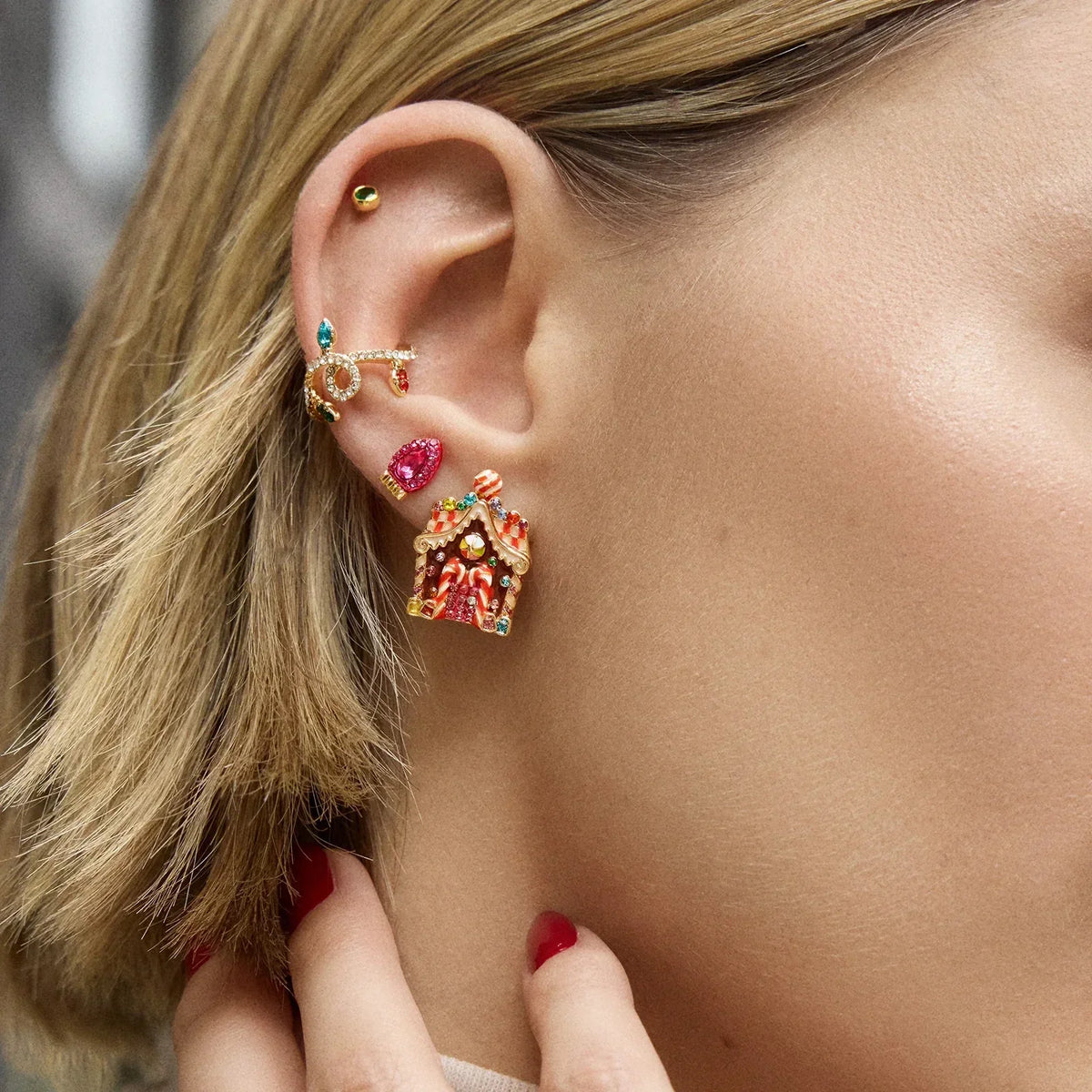Gingerbread House Stud Earrings with Crystal Accents and Enamel Coating