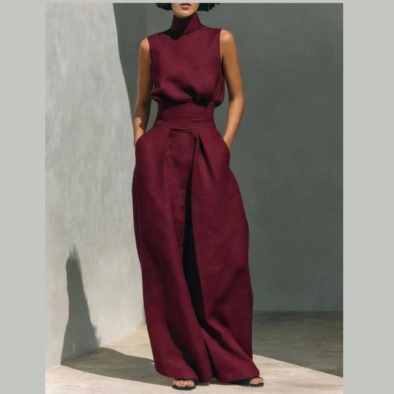 Womens Minimalist Linen Two Piece Set, Elegant Mock Neck Sleeveless Top and Wide Leg Pants Outfit, Vintage Casual Matching Suit
