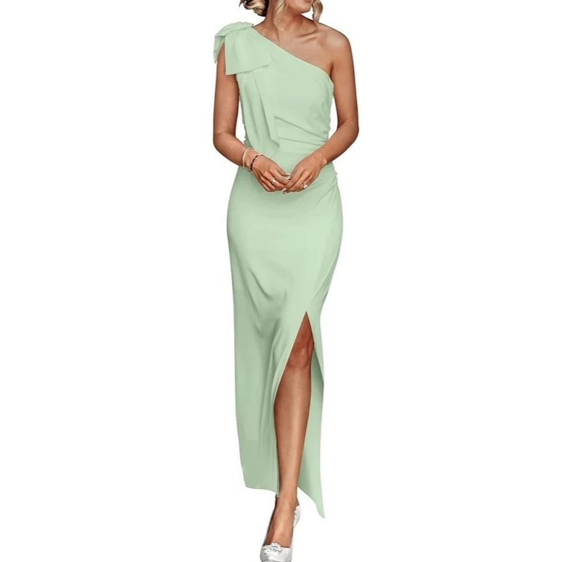Womens One Shoulder Maxi Dress, Ruched Bodycon Wedding Guest and Formal Dress