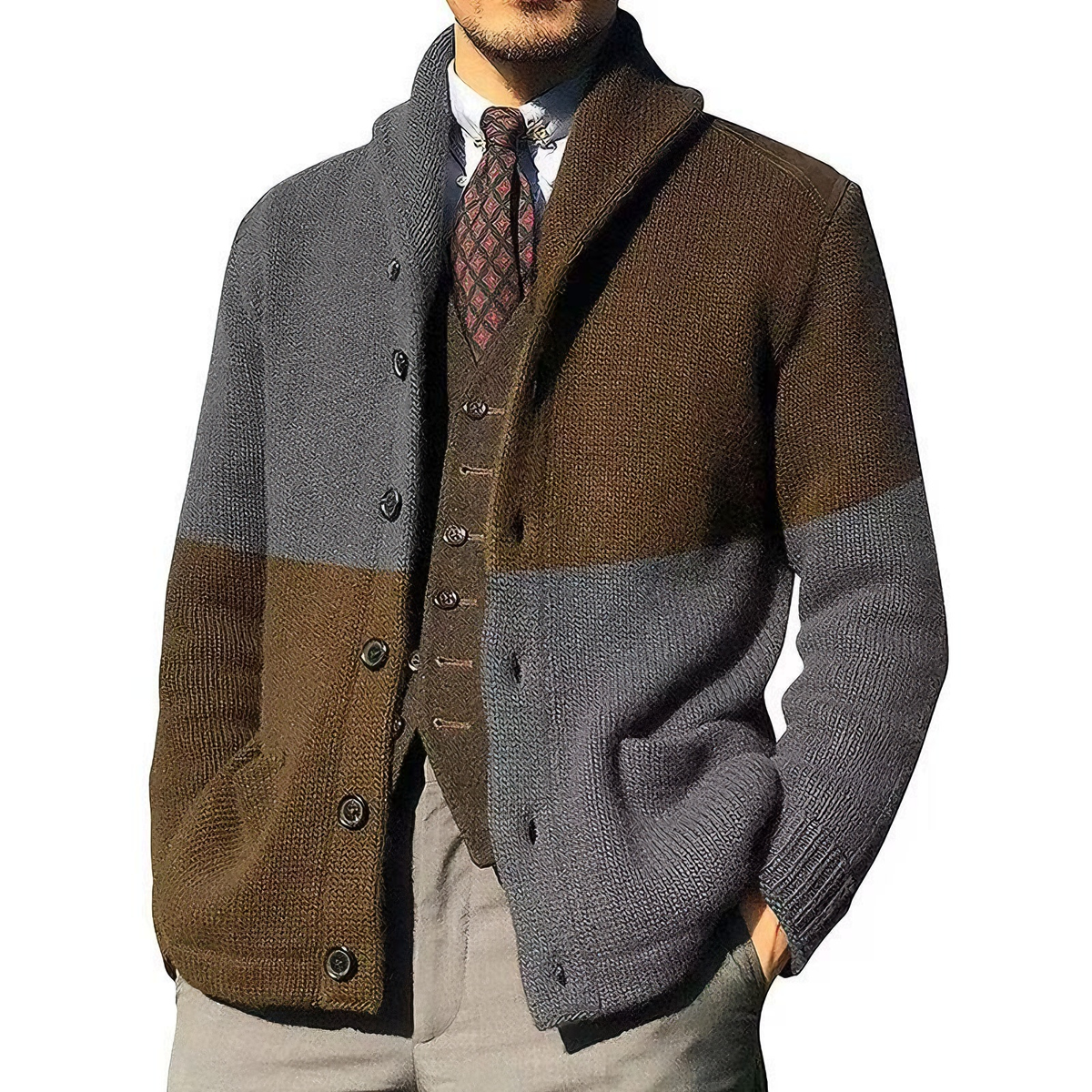 Contrast Knitted Jacket with Patchwork Color Blocking and Lapel Collar