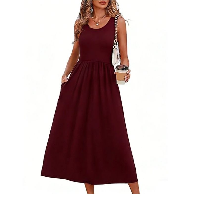 Womens Flowy Midi Dress, Casual Beach Vacation Sundress with Pockets